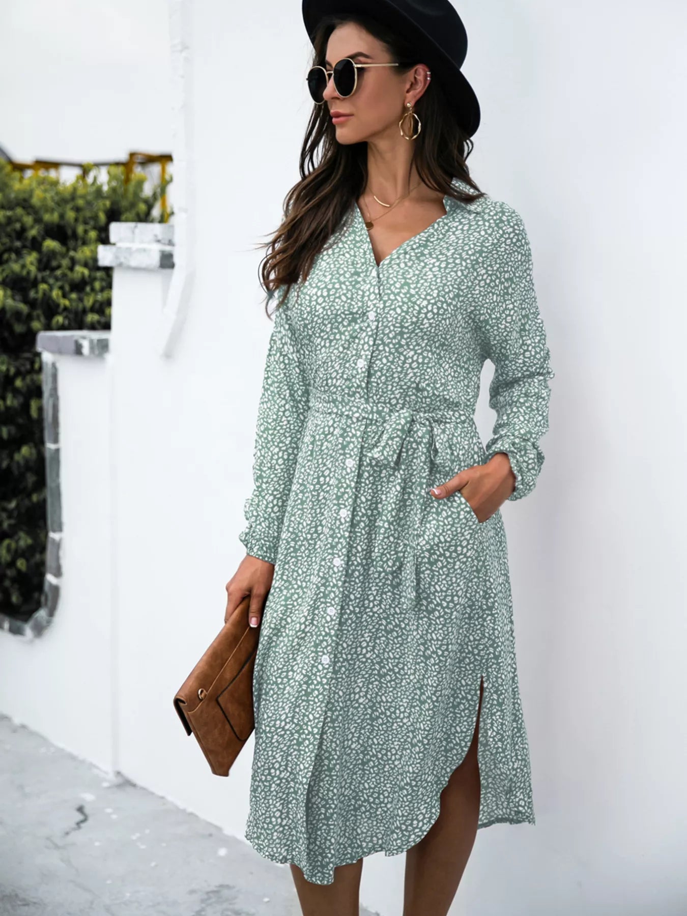 Button Down Printed Long Sleeve Shirt Dress