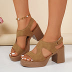 open toe block heel sandals in brown side view