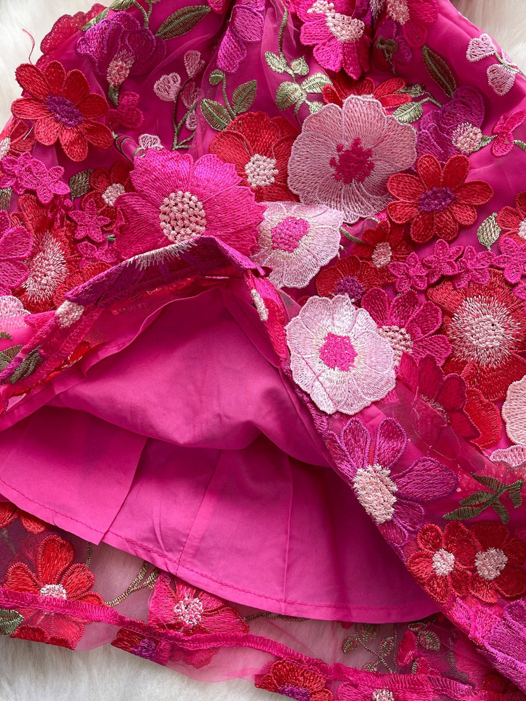 floral applique mini dress in rose red skirt detail edge and lining