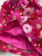 floral applique mini dress in rose red skirt detail edge and lining