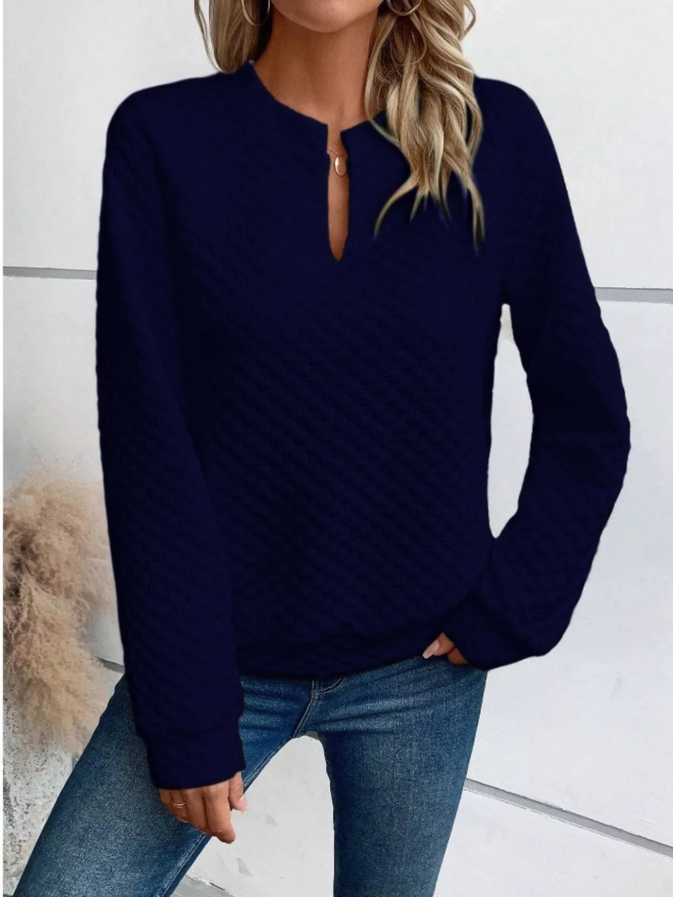Textured Notched Long Sleeve Sweatshirt