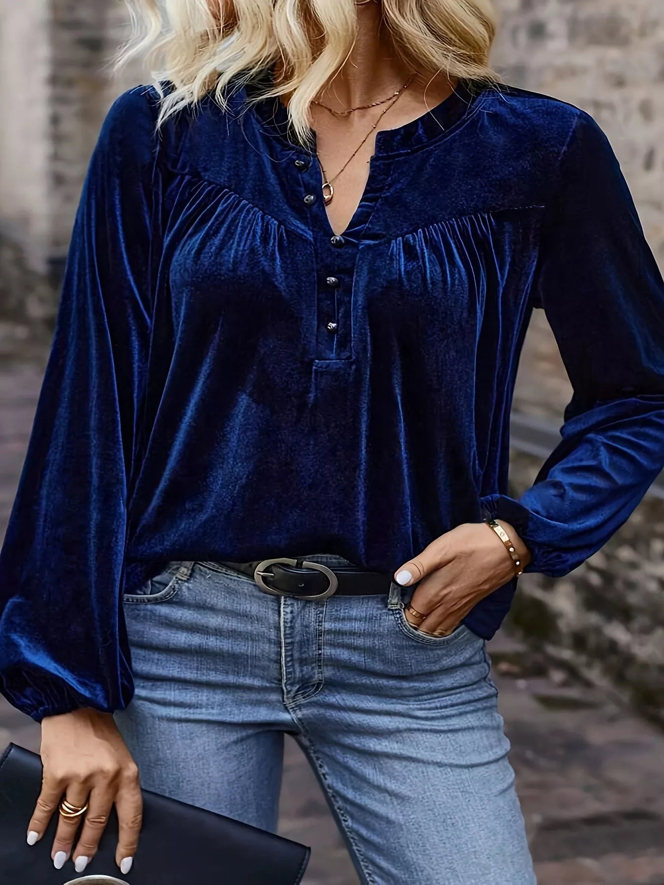 Velvet Notched Long Sleeve Blouse by EasternCharm