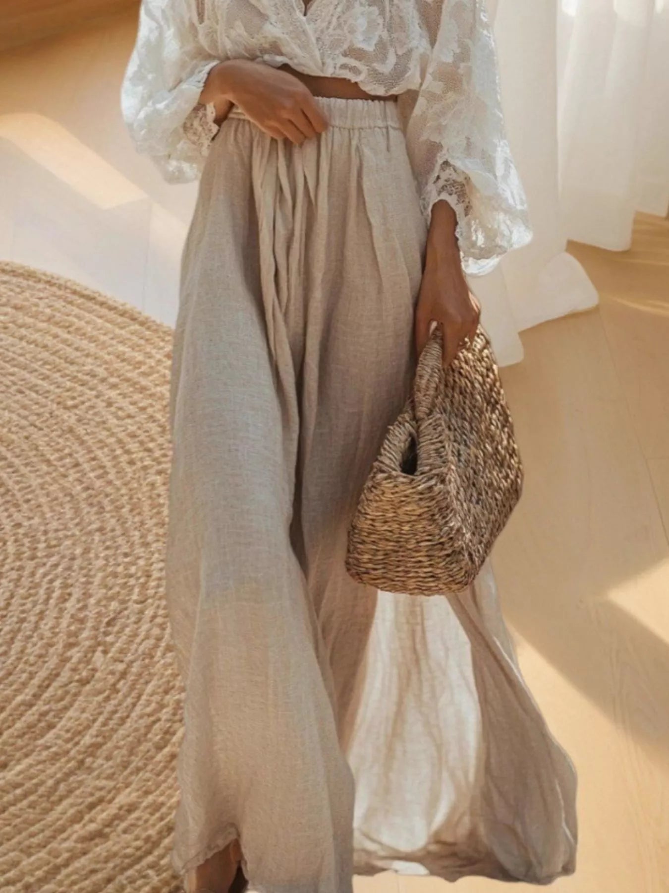 White lace long sleeve top and skirt set pants only view