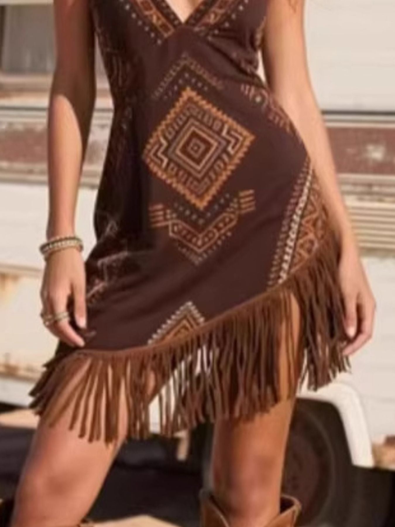 boho western dress in brown closer view skirt