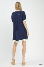 linen contrast trim dress back view