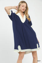 linen contrast trim dress front view arm lifted