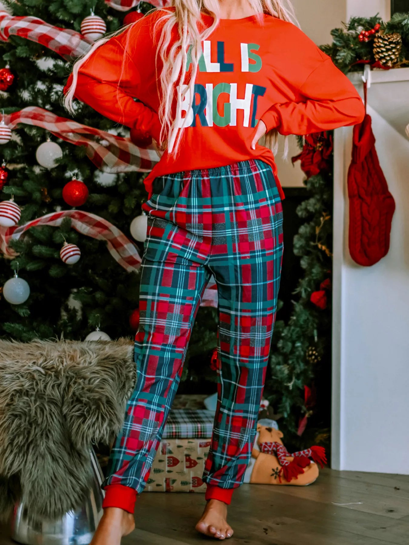 ALL IS BRIGHT Graphic Christmas Plaid Pajamas Set by SYNZ