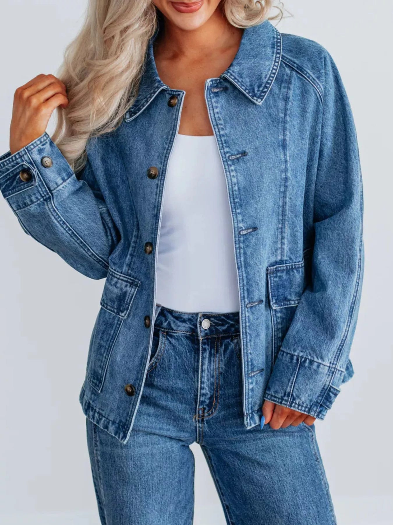 Button Up Raglan Sleeve Denim Jacket