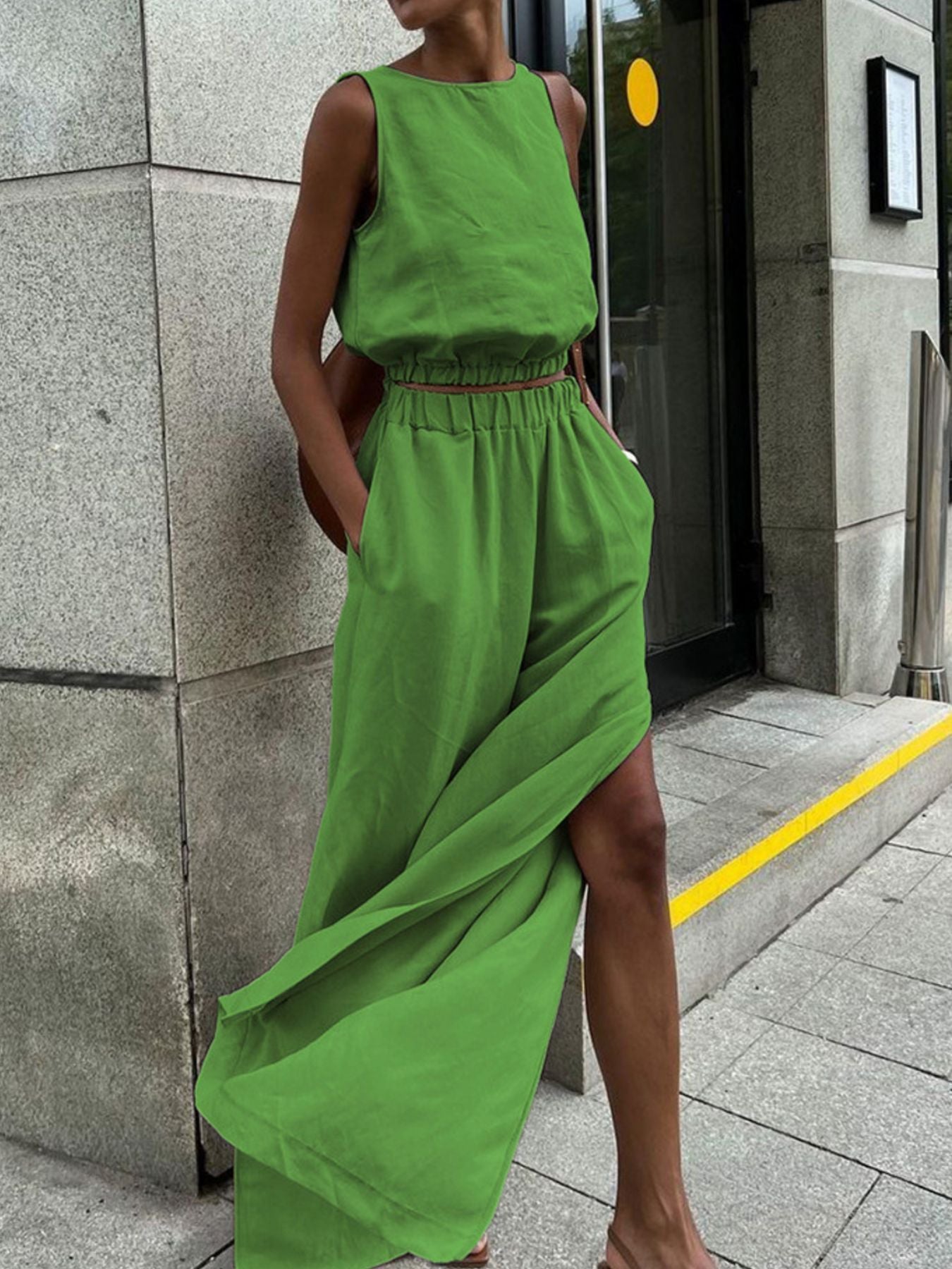 Sleeveless Crop Top and Slit Pants Set | Modern Two-Piece Crop Set