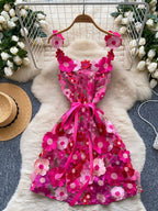 floral applique mini dress in rose red full front view tied at waist
