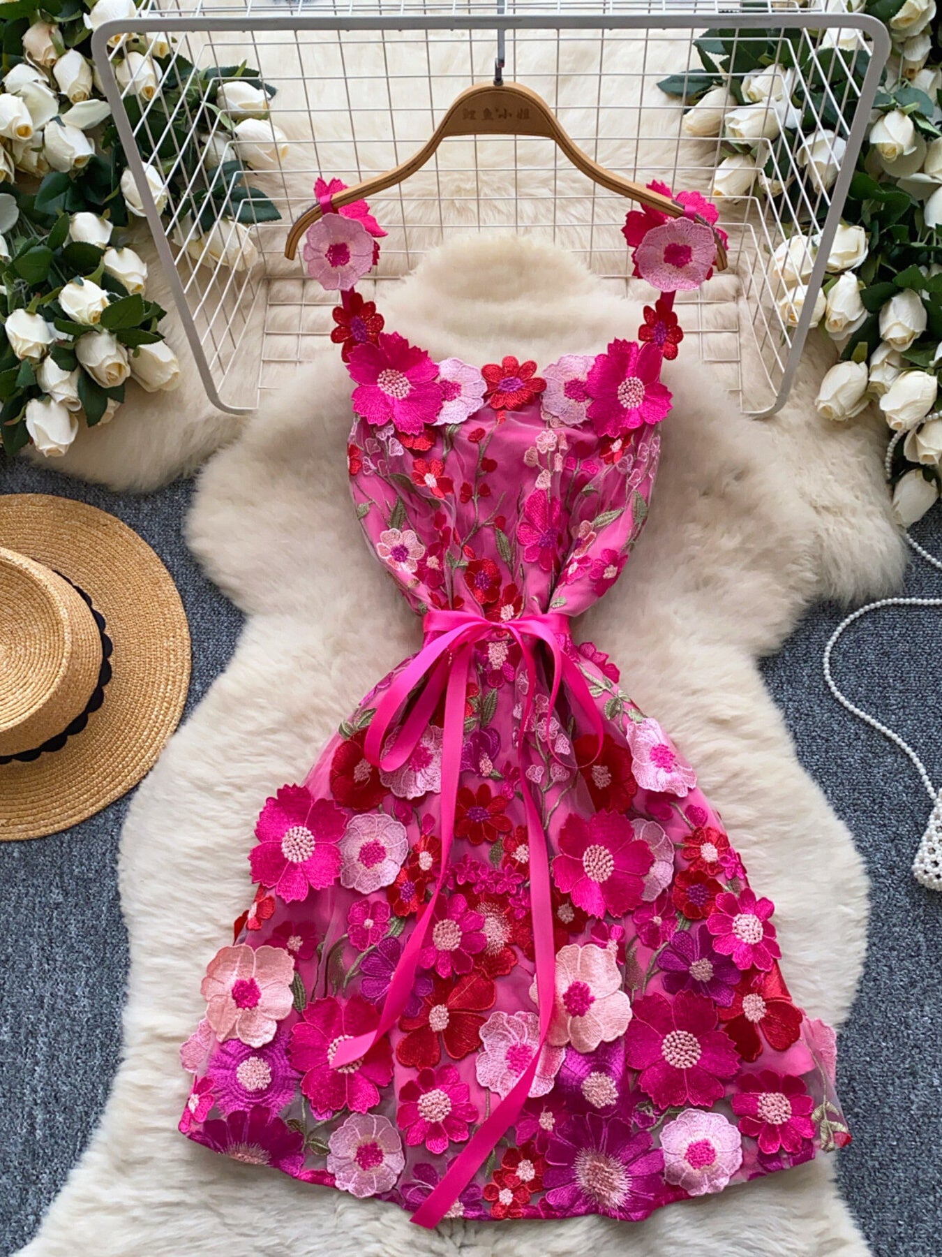 floral applique mini dress in rose red full front view tied at waist