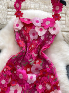floral applique mini dress in rose red waist view closer