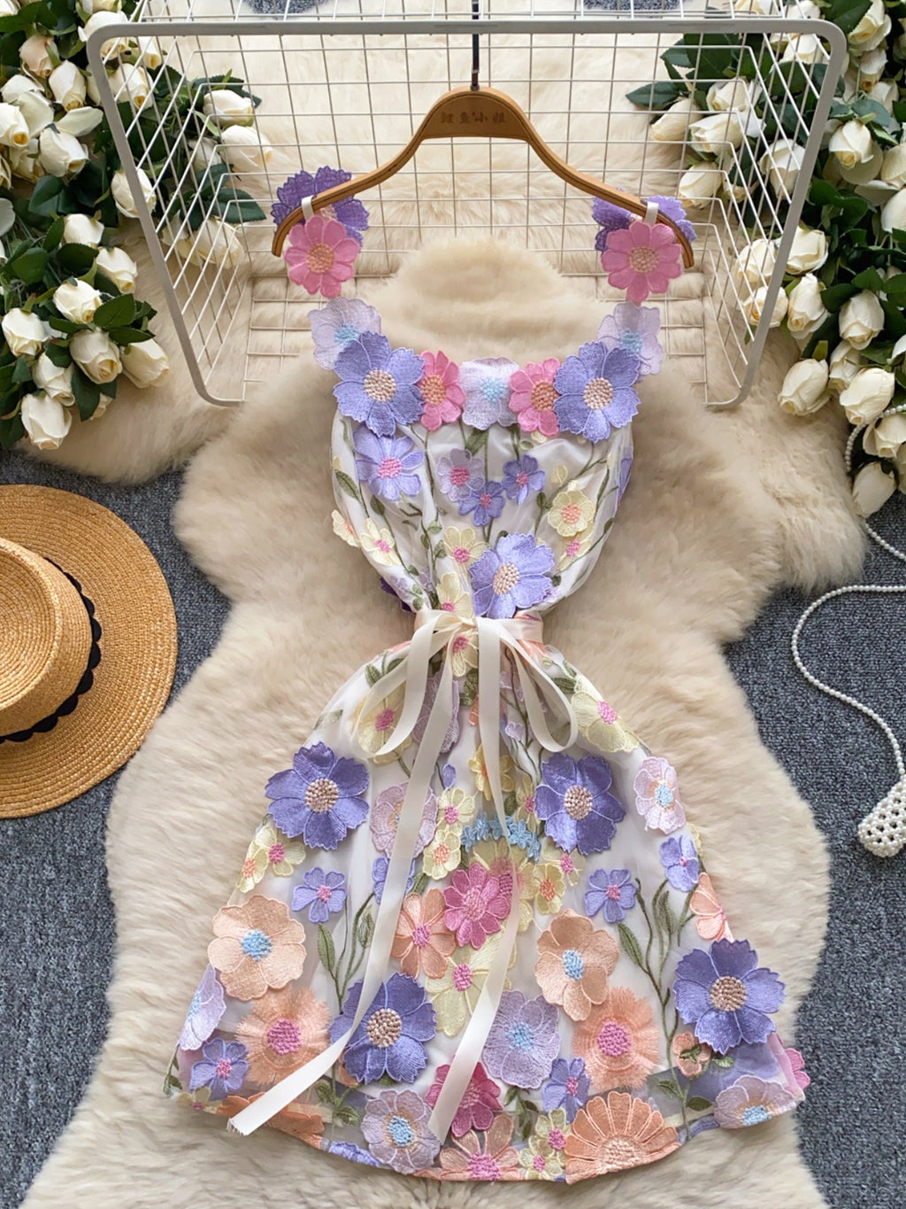 floral applique mini dress in purple apricot full front view waist tied with ribbon