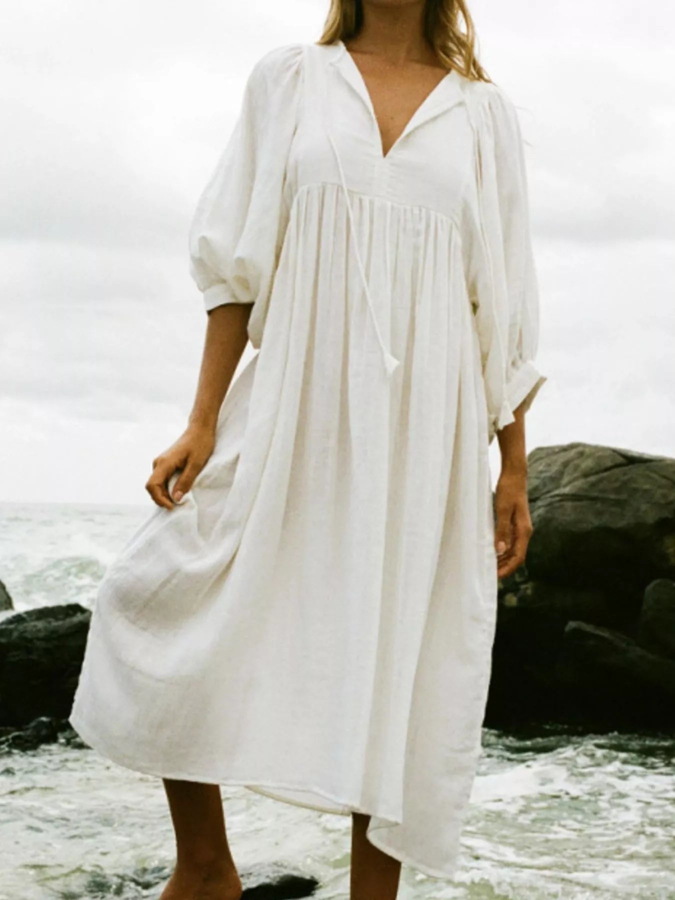 Tie Neck 3/4 Sleeve Midi Dress