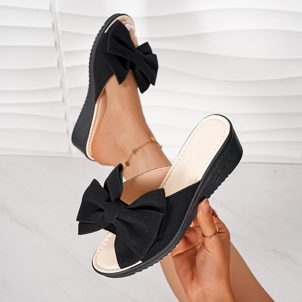 Bow open toe wedge sandals in black , inside and side views