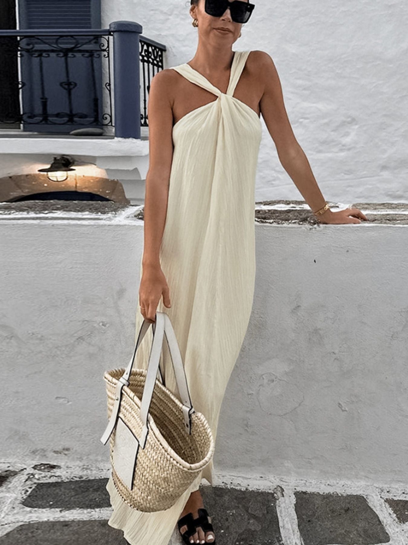 The Coastal Halter Maxi | Halter Neck Flowy Maxi Dress - Beige / S The Coastal Halter Maxi | Halter Neck Flowy Maxi Dress - Beige / S