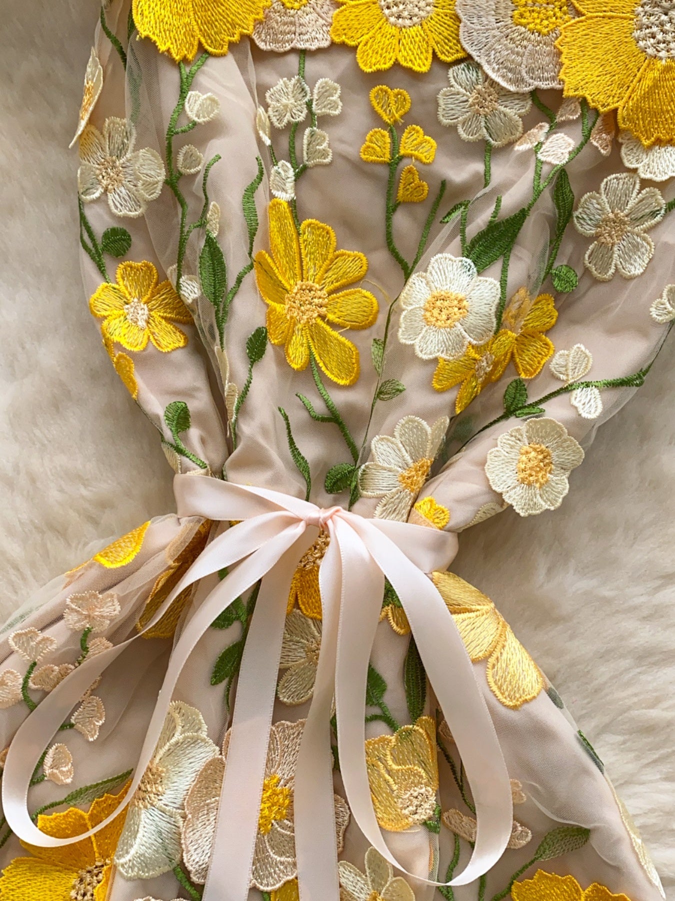 floral applique mini dress in yellow waist closeup