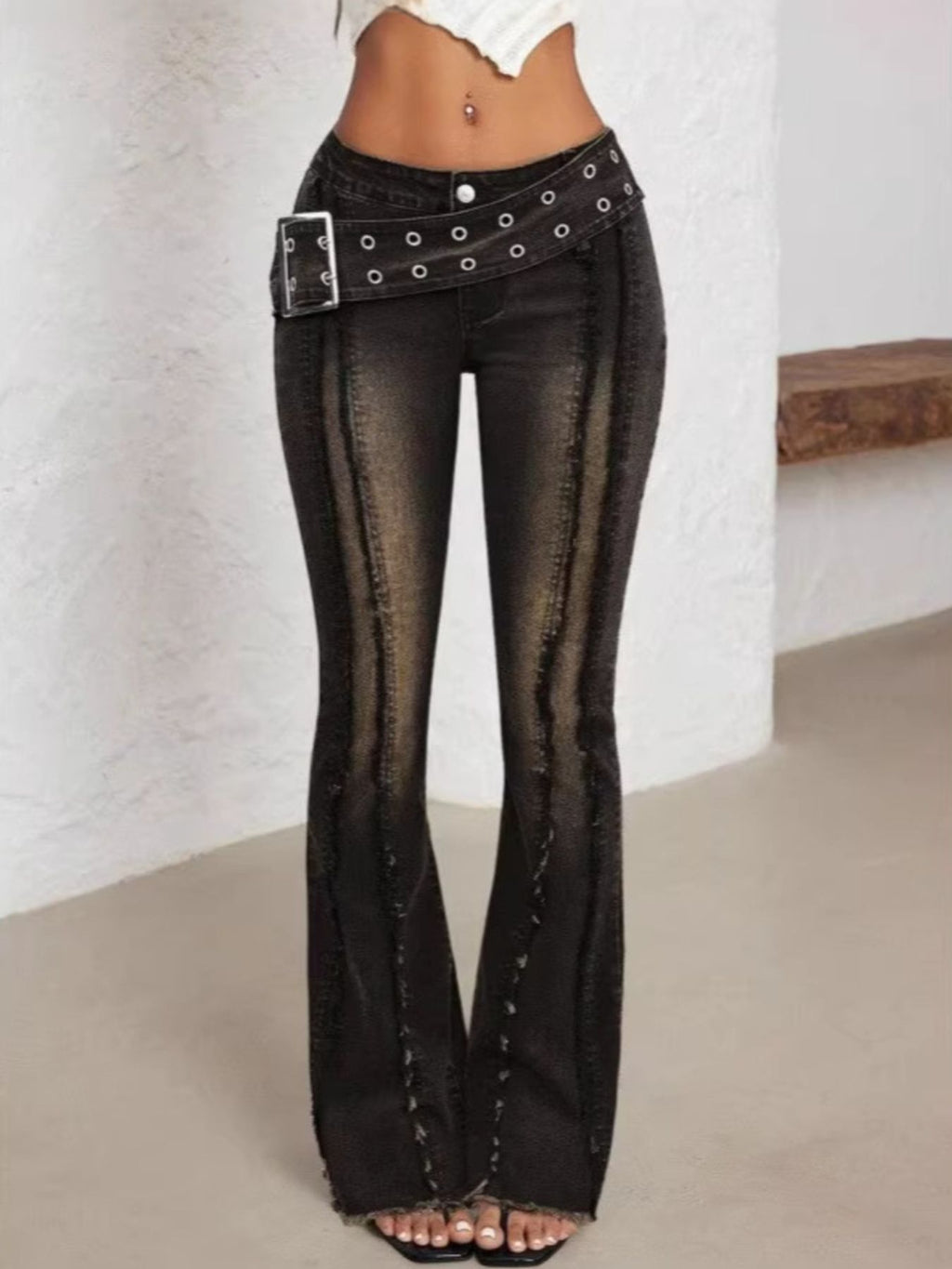 retro flare denim belted full front view