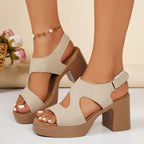 open toe block heel sandals in beige side and inside view