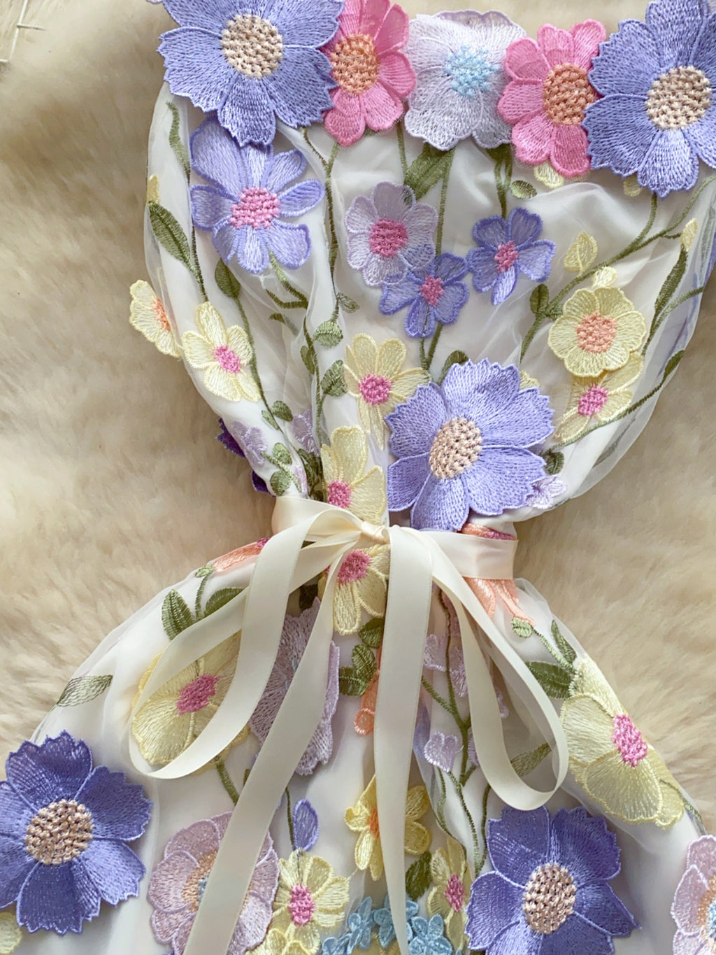 floral applique mini dress in purple apricot closer view waist area