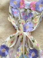 floral applique mini dress in purple apricot closer view waist area