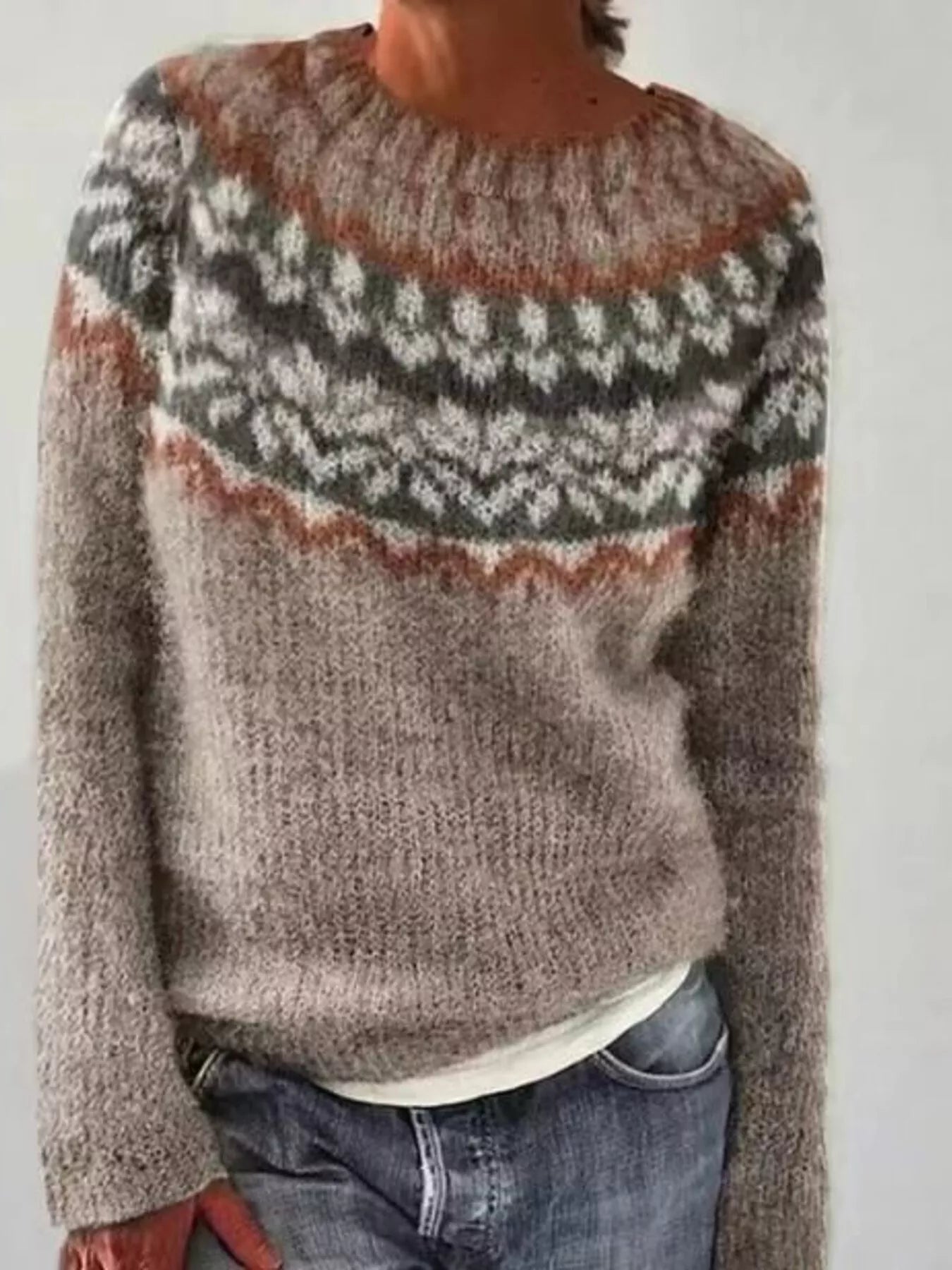 The Vintage Pattern Sweater | Full-Size Vintage Patterned Round-Neck Sweater
