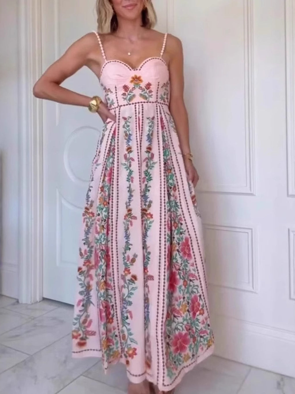 bohemian floral maxi dress in pink full front view