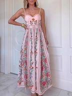 bohemian floral maxi dress in pink full front view