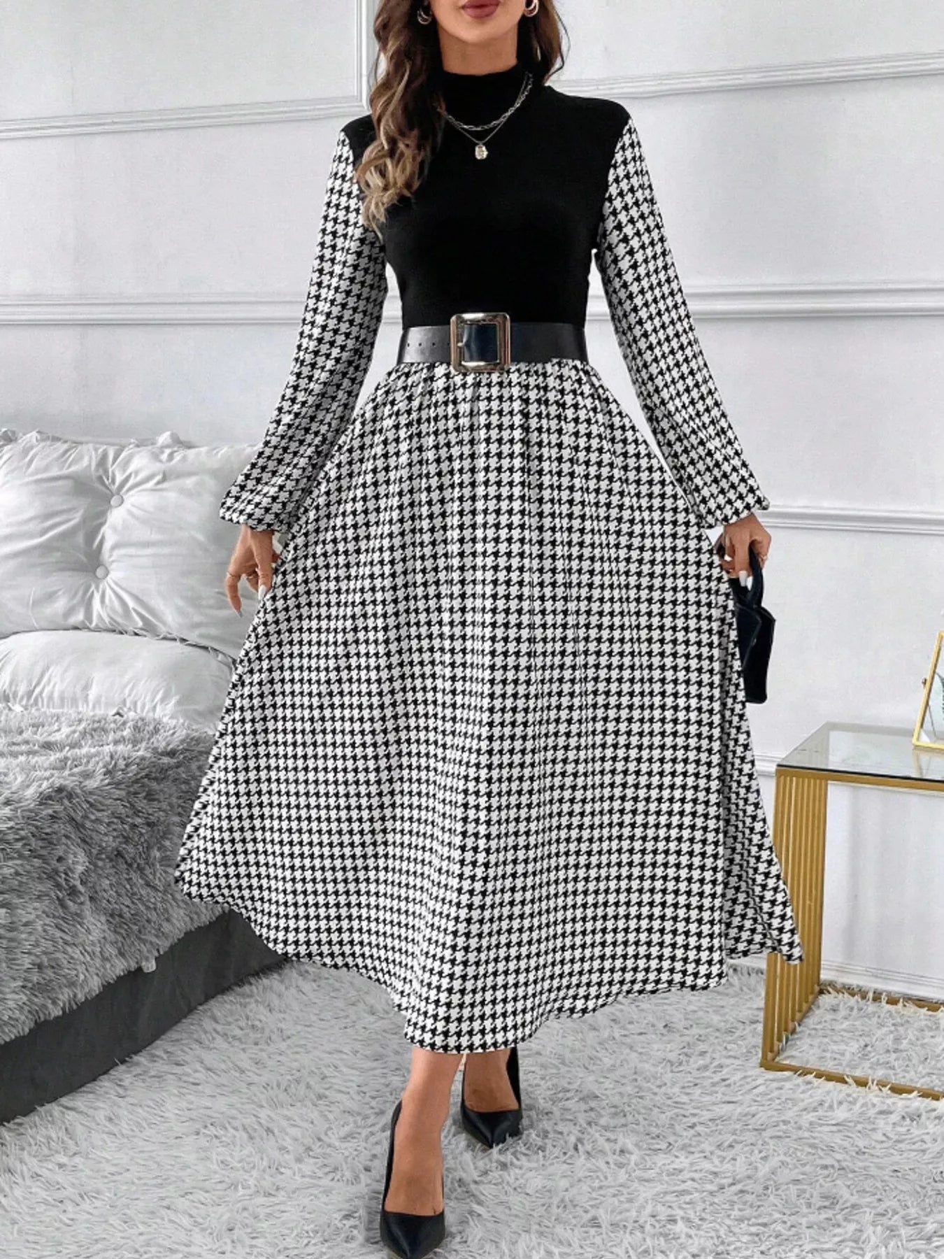 Houndstooth Mock Neck A-Line Dress by Sara Roman