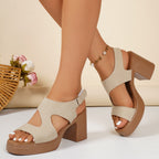 open toe block heel sandals in beige one elevated side views