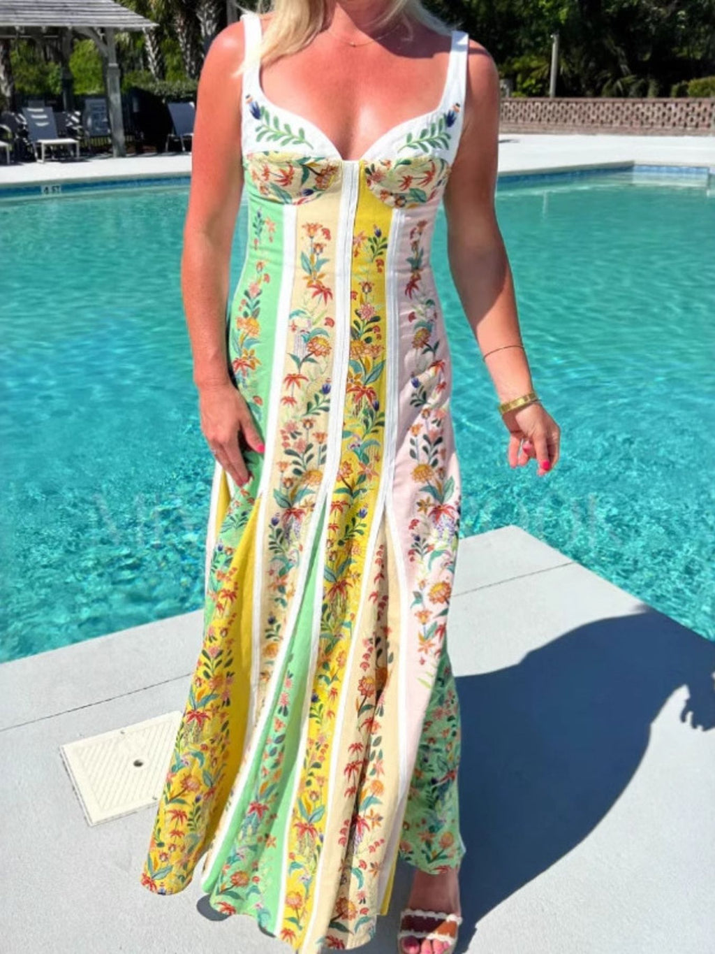bohemian floral maxi dress in green full front view