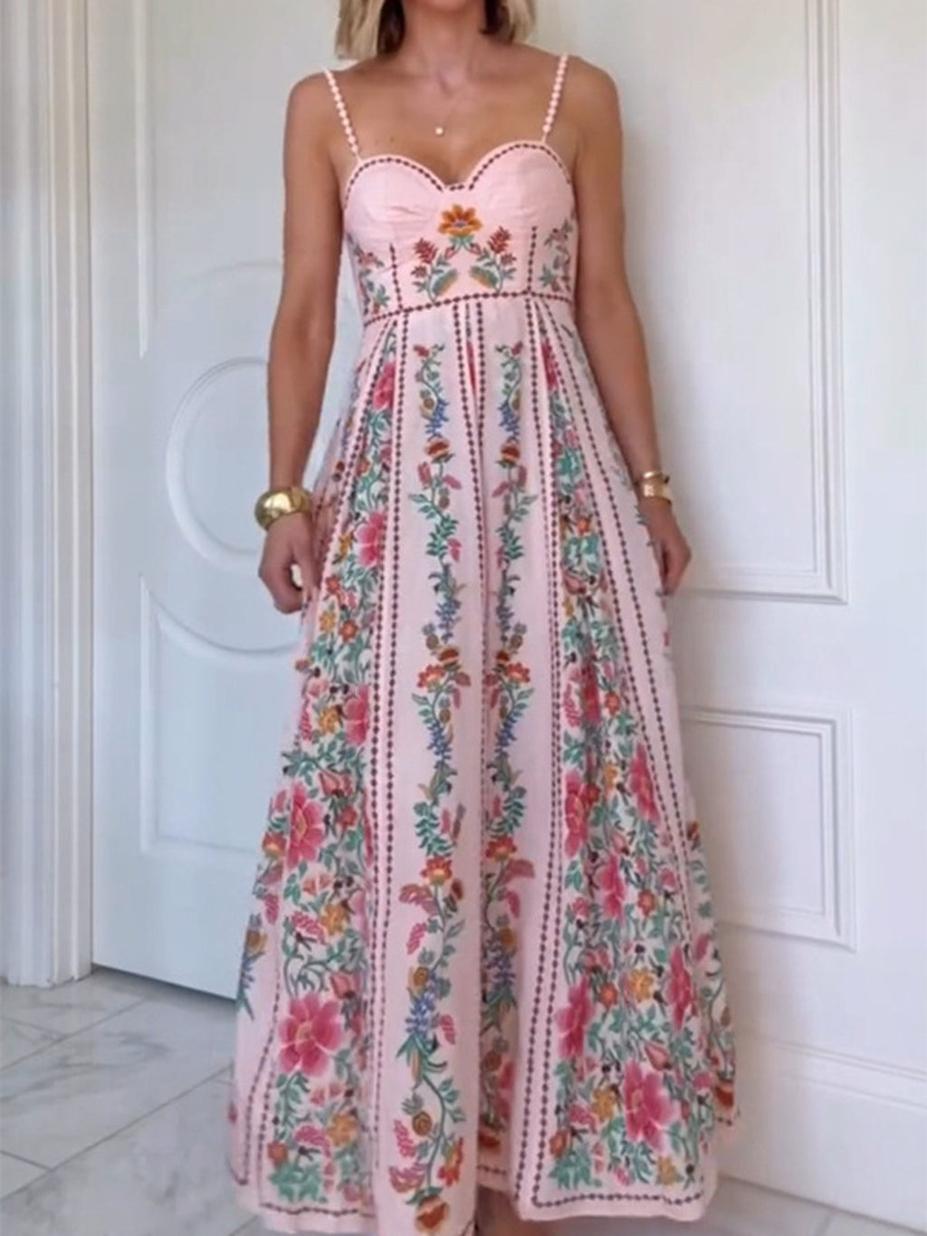 bohemian floral maxi dress in pink front 