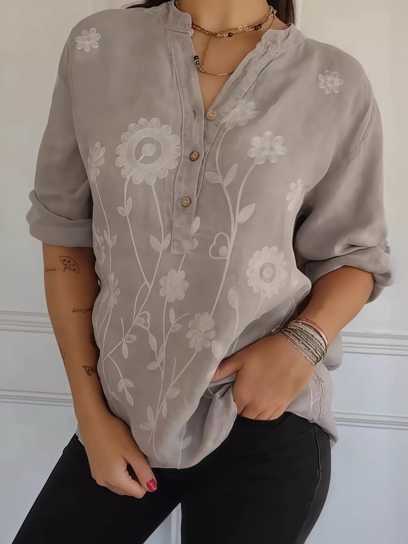 Full Size Floral Embroidered Button Detail Blouse Plus Size