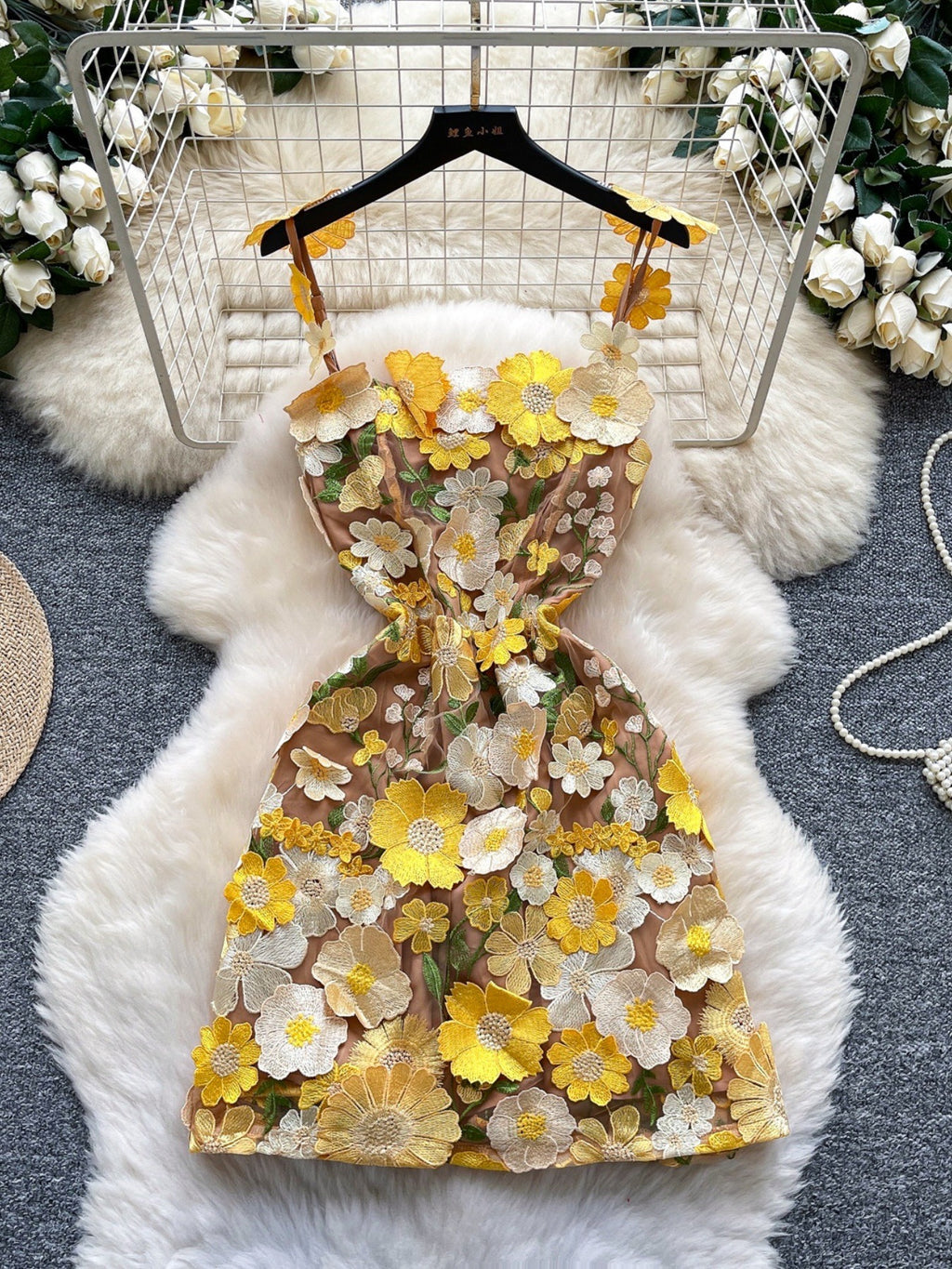 floral applique mini dress in yellow full view 