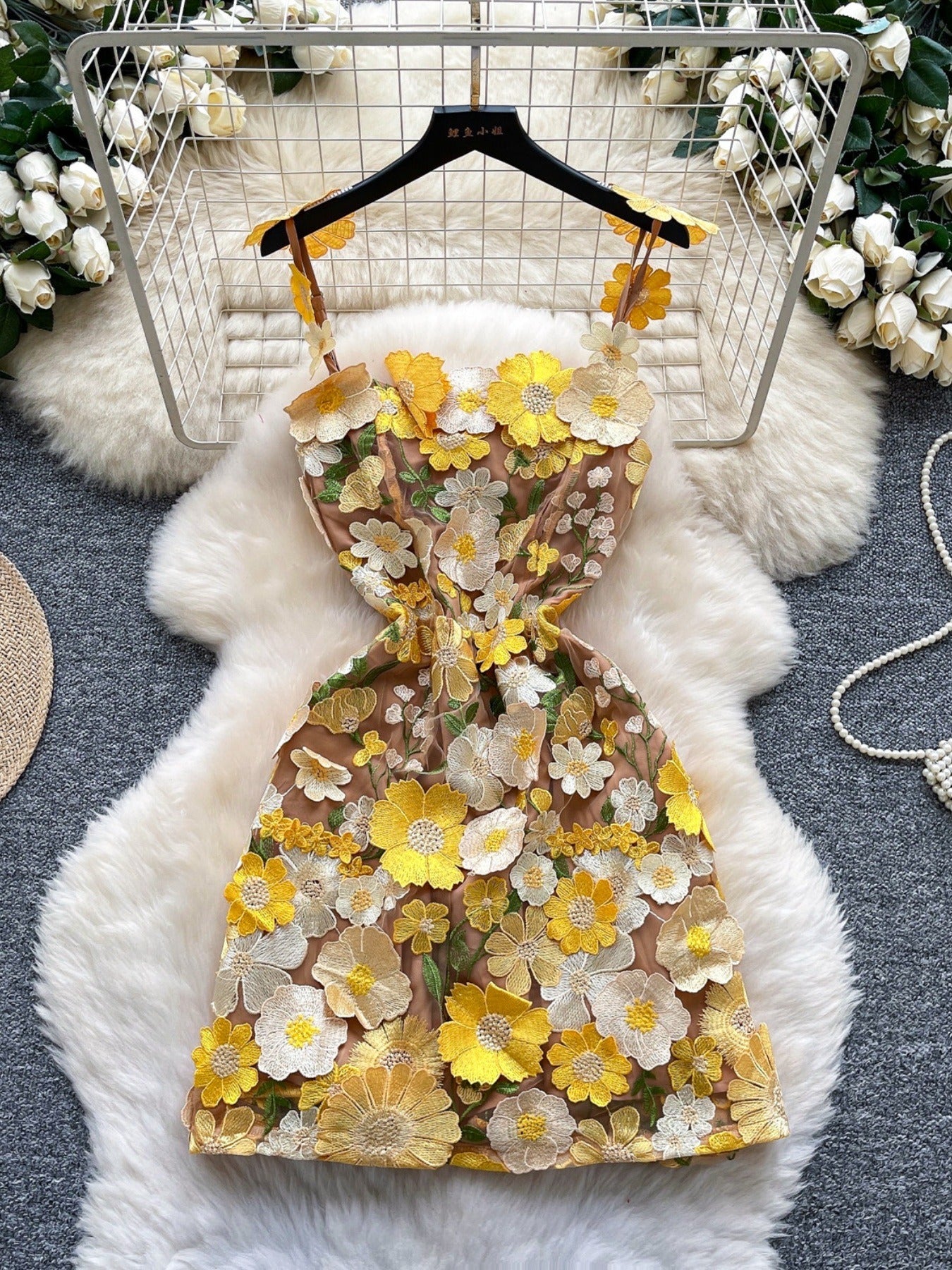 floral applique mini dress in yellow full view 