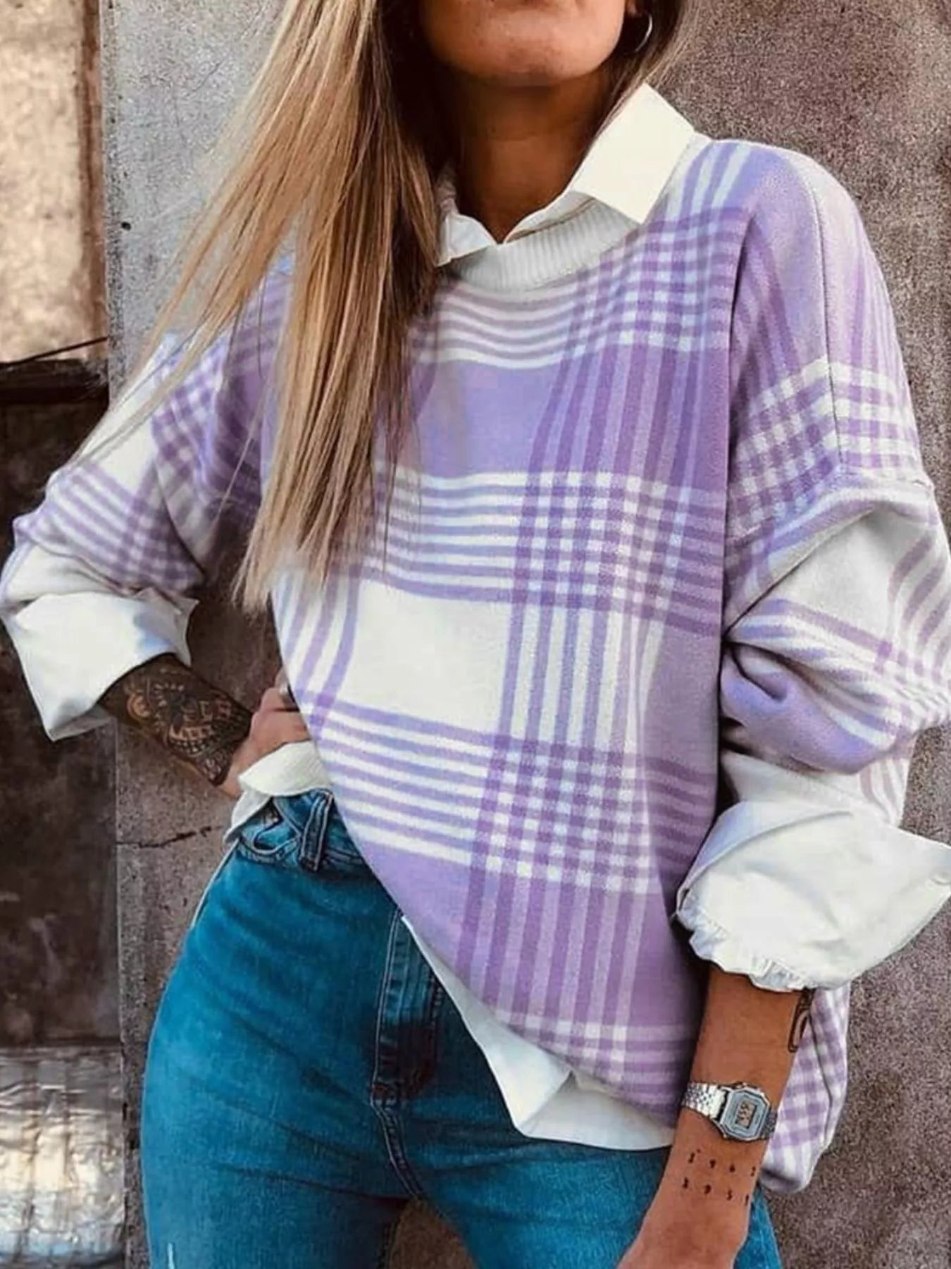 Plaid Round Neck Long Sleeve Sweater