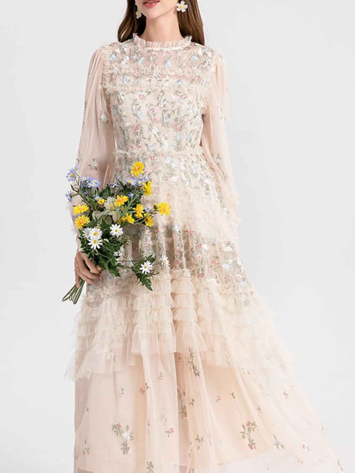 Floral Tulle Layered Maxi Dress | Romantic Tulle Layered Maxi Dress - Apricot / S Floral Tulle Layered Maxi Dress | Romantic Tulle Layered Maxi Dress - Apricot / S