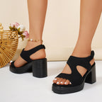 open toe block heel sandals in black side and back view