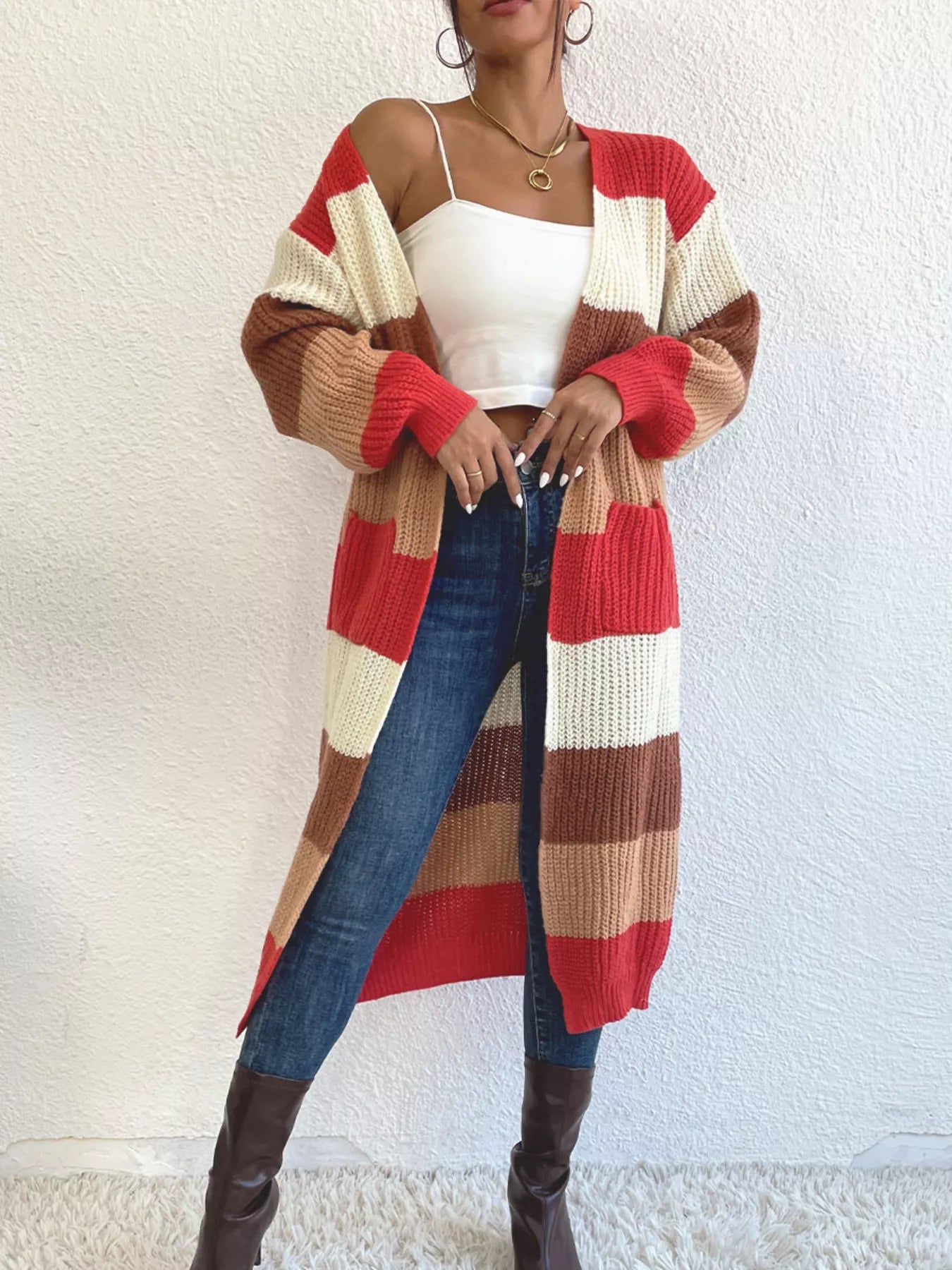 Striped Color Block Open Front Knit Cardigan