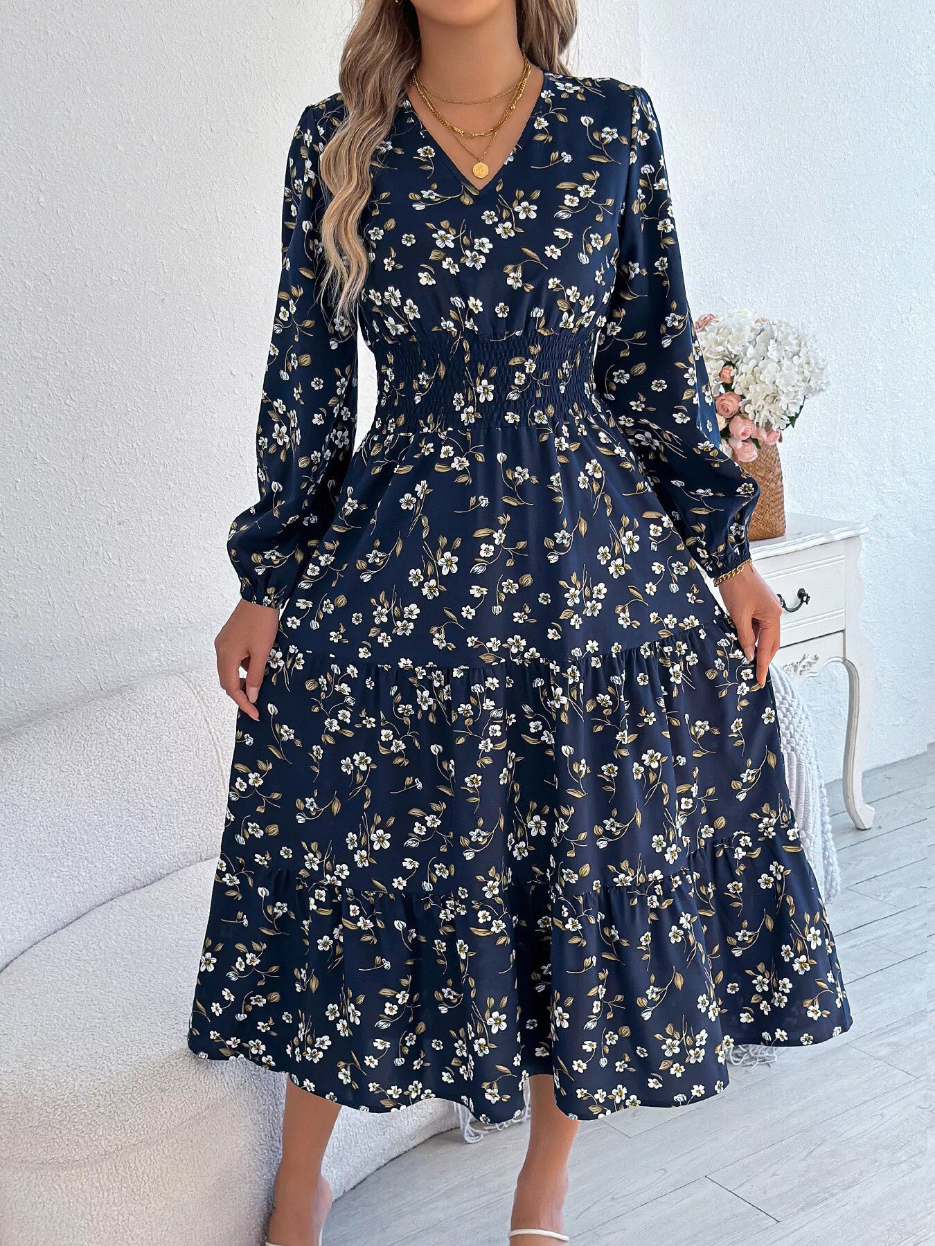 Floral Print Long Sleeve V-Neck Midi Dress