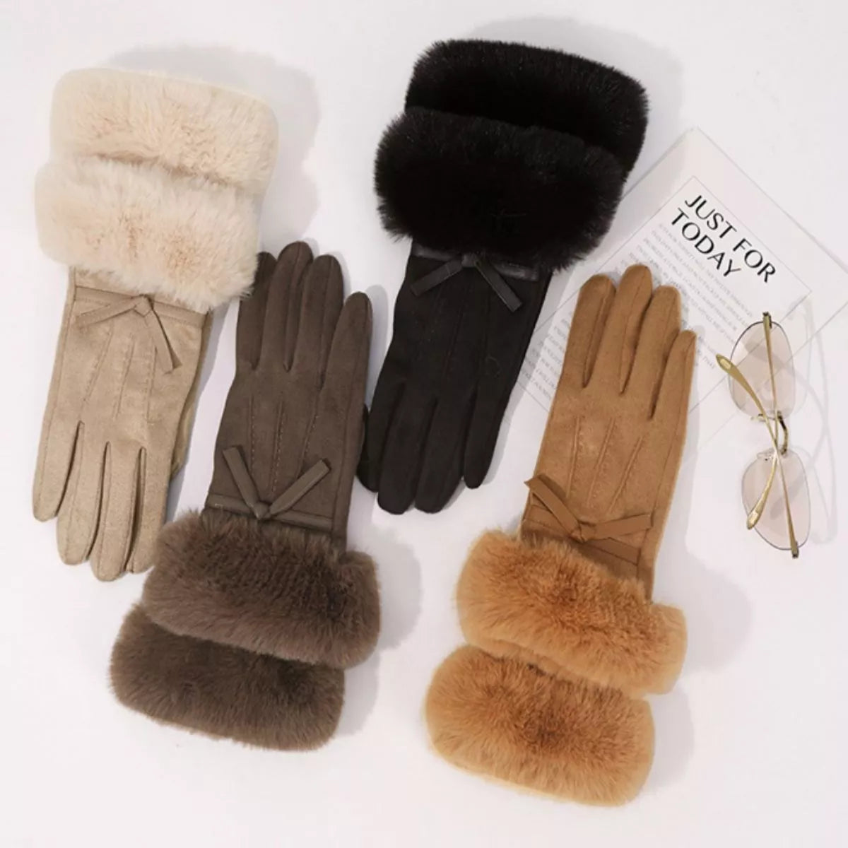 Faux Fur Cuff Suede Gloves by Sparkle Adornments