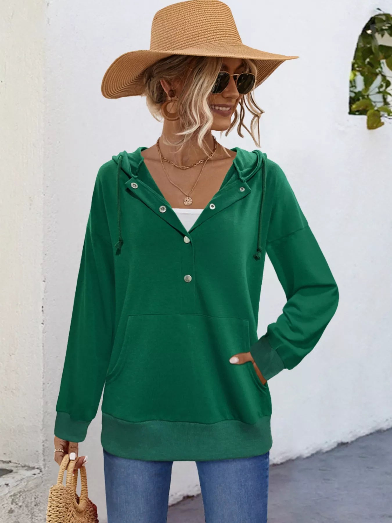 Full Size Snap-Down Hoodie with Kangaroo Pocket Plus Size