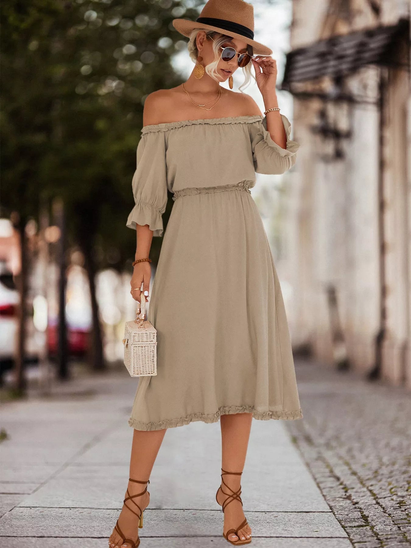 Off-Shoulder Flounce Sleeve Midi Dress Khaki / M Off-Shoulder Flounce Sleeve Midi Dress Khaki / M