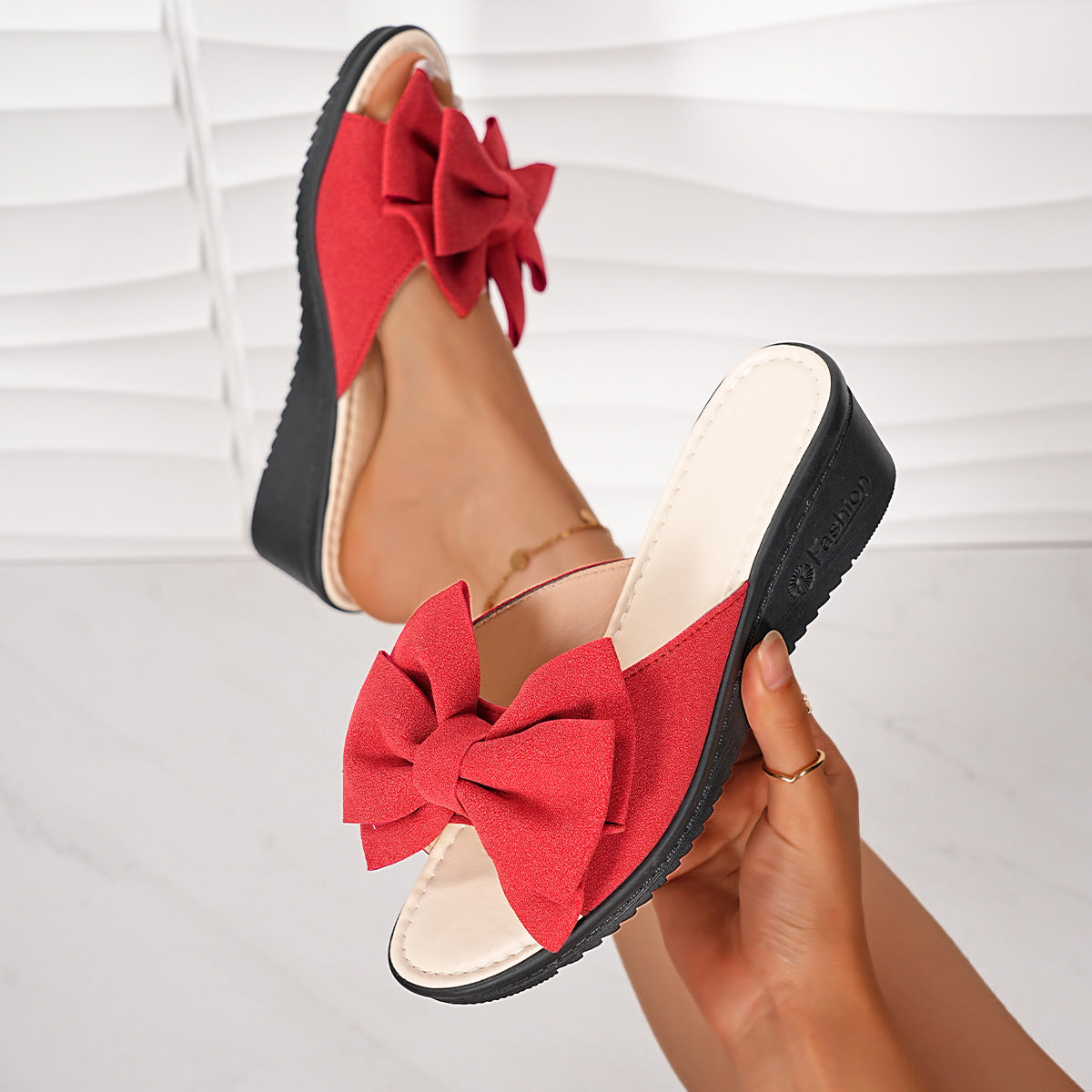 Bow open toe wedge sandals in red, inside and side view