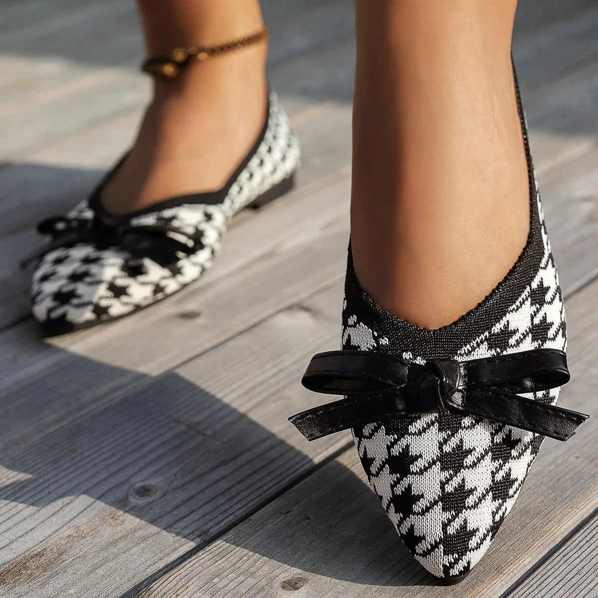 Houndstooth Point Toe Flats Slip-Ons