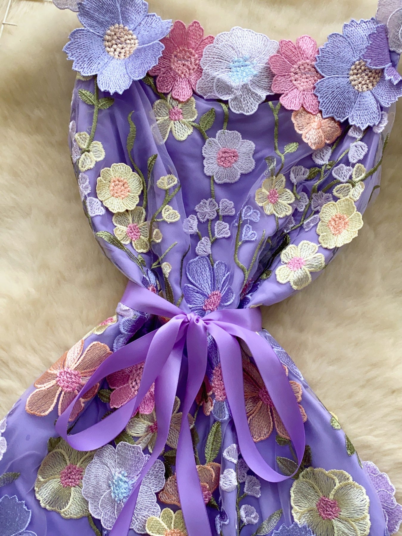 floral applique mini dress in purple waist closeup