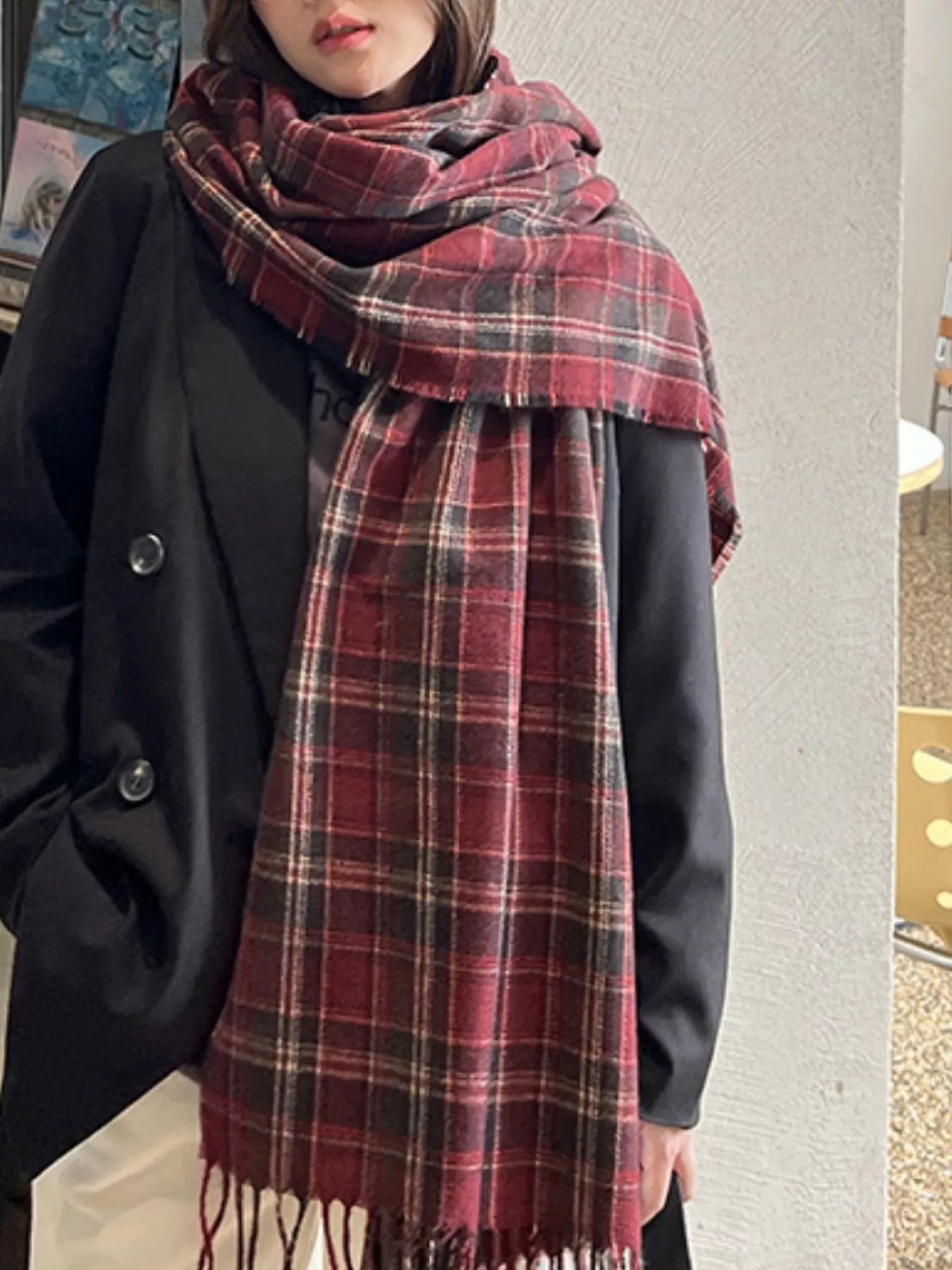 Classic Plaid Fringe Scarf by Nest