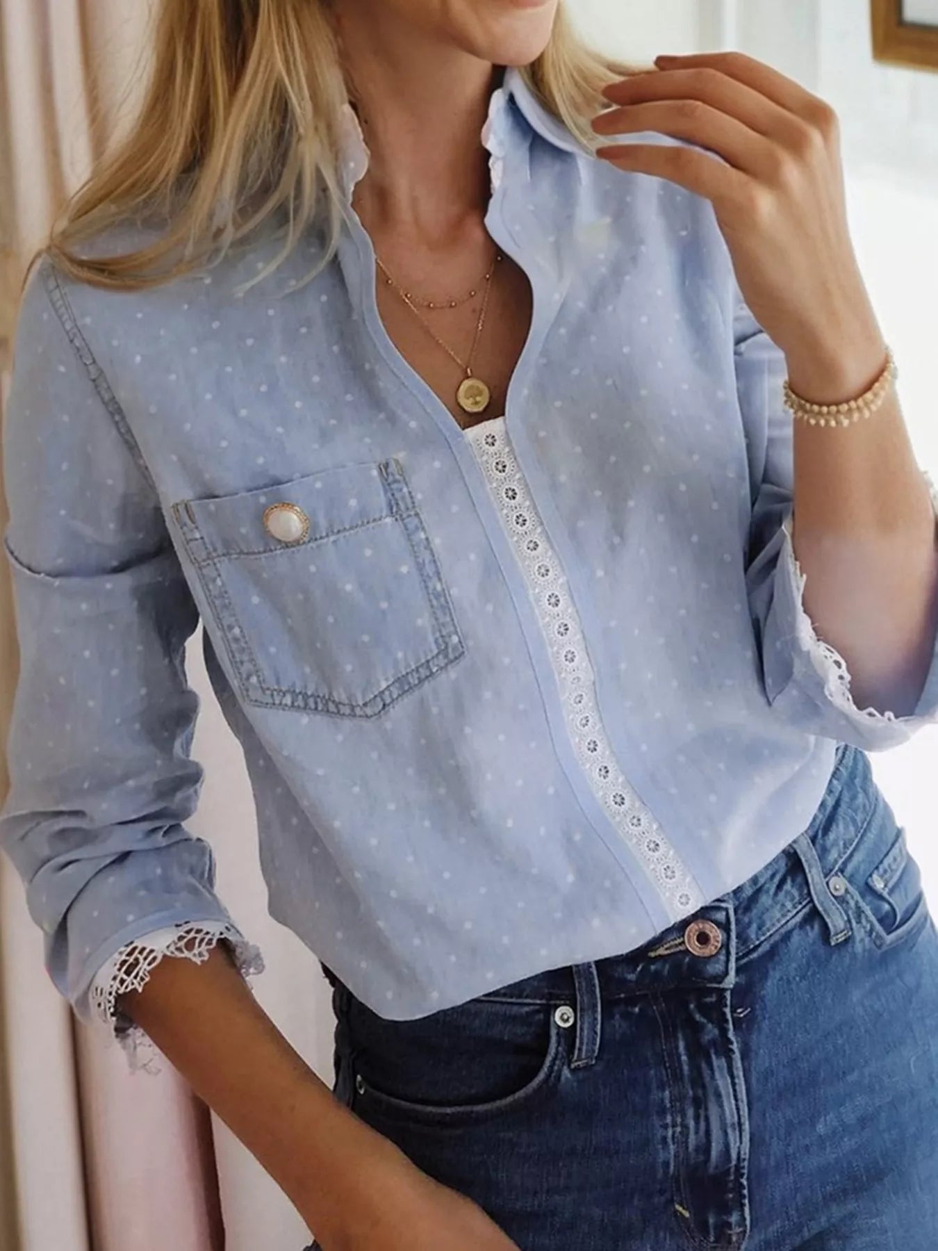 Lace Trim Patchwork Dotted Print Collared Blouse by SYNZ