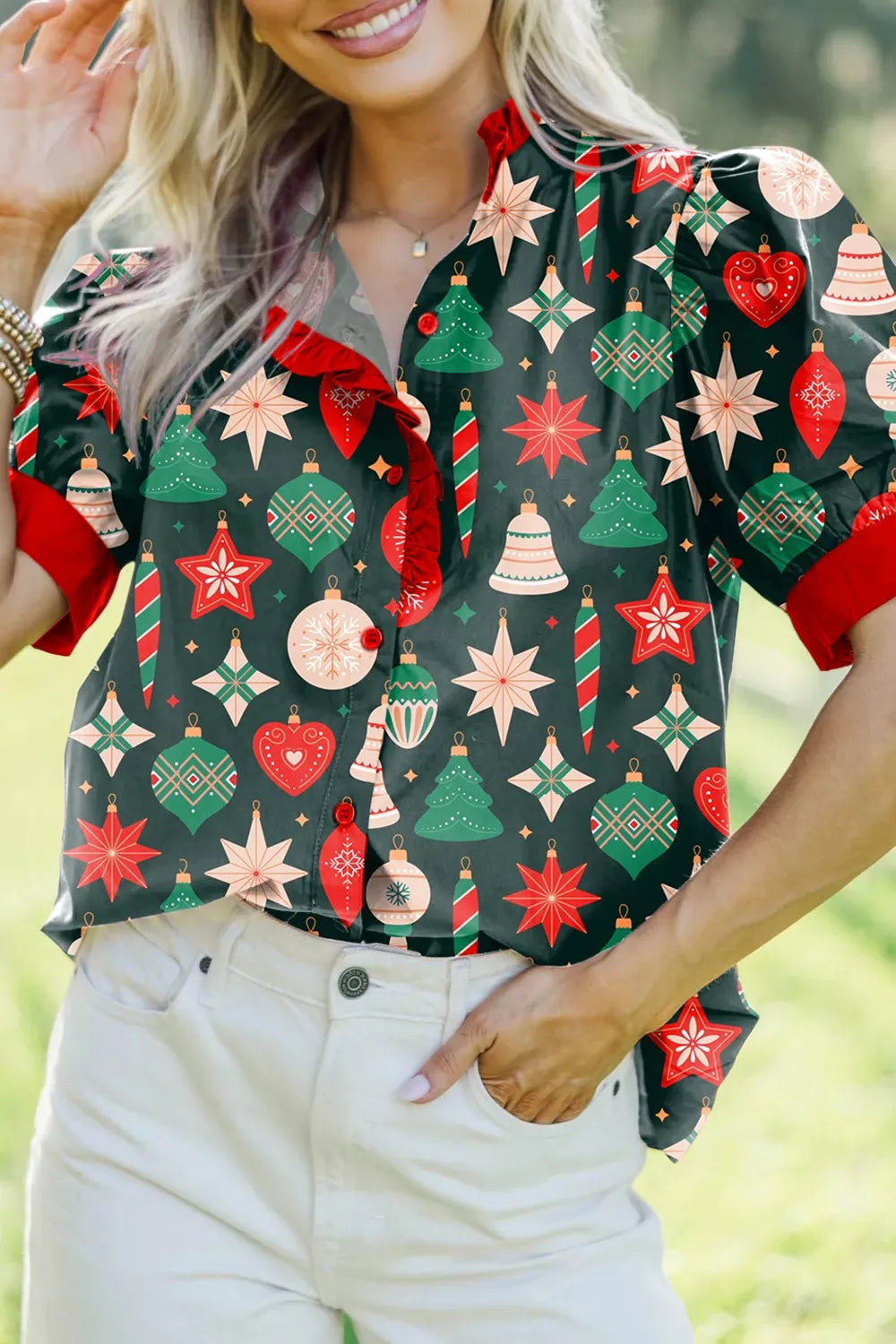 Christmas Print Button Up Shirt by SYNZ