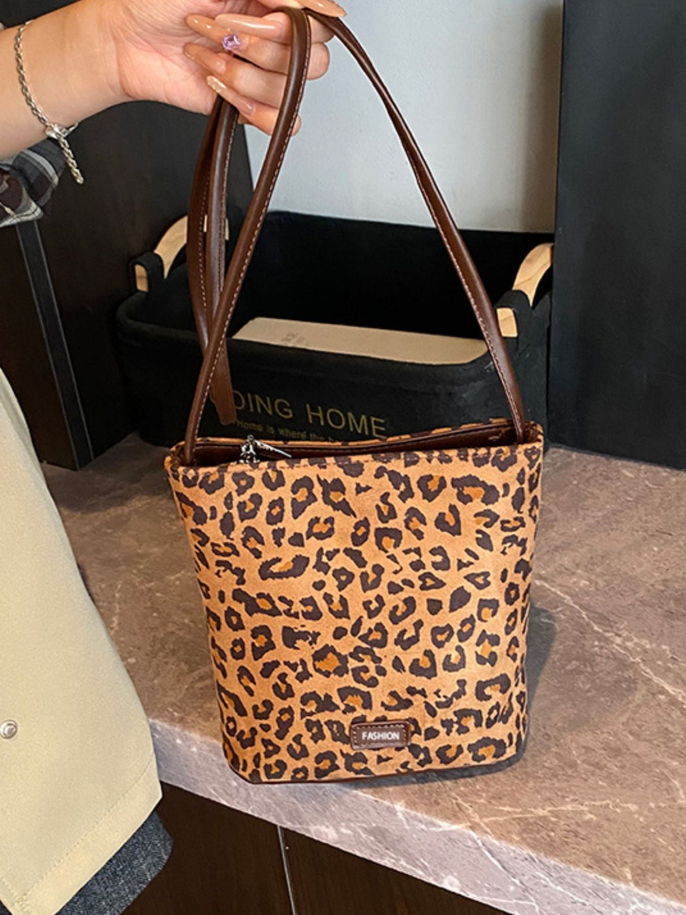 Leopard print crossbody bag standing 